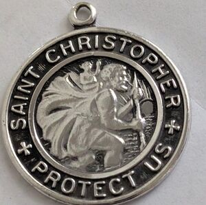 VINTAGE STERLING ST. CHRISTOPHER PROTECT US RELIGION MEDAL PENDANT